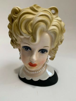Rare Vtg Inarco E - 5623 Lady Head Vase Blonde Black Dress Pearl Necklace/earrings