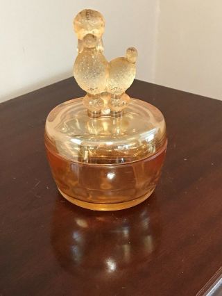 Poodle 1940’s Jeannette Marigold Carnival Glass Poodle Powder Jar/trinket Box