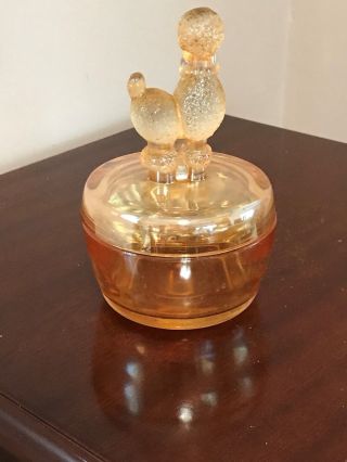 Poodle 1940’s JEANNETTE Marigold Carnival Glass Poodle Powder Jar/Trinket Box 2