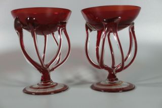 Antique Czech Bohemian Ruby Red Cut To Clear Glass Pedestal Dishes