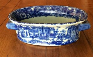 Vintage Victoria Ware Ironstone Blue Flow Oval Bowl W/handles Town Scene - Exc