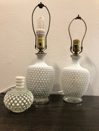 Vintage Fenton Opalescent Milk Glass Hobnail Side Table Lamps Pair,  5” Vase