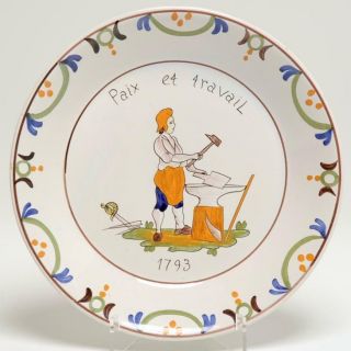 Antique Nevers French Faience Pottery Plate,  " Paix Et Travial 1793 "