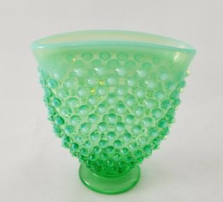 Fenton Green Opalescent Hobnail Footed Fan Vase