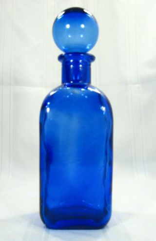 Vintage Cobalt Blue Hand Blown Glass Square Block Decanter With Stopper 11 Inch