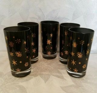 Vtg Set 5 Mcm Black W Gold Snowflakes Barware Tumblers Drinking Glasses Rare