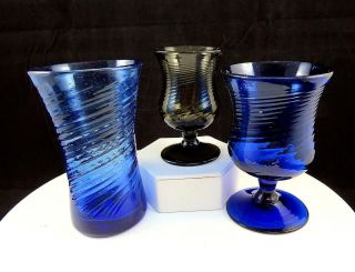 Blenko Glass 3 Pc Twist Optic Cobalt Blue & Amber 4 5/8 " Tumbler & Wine Goblets