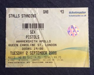 Sex Pistols Hammersmith Apollo 2008 Ticket Stub Punk Damned Clash