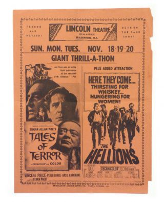 1962 " Tales Of Terror  Hellions " Herald Flyer Lincoln Theatre Fla