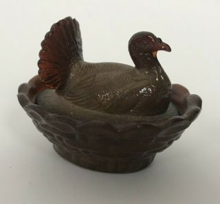 Vintage Boyd Glass Chick Hen On Nest Small Covered Salt Dip Brown Amber Glass