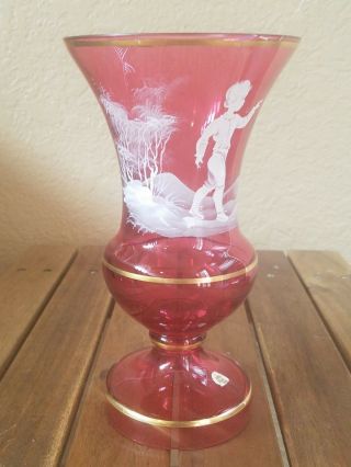 Bohemian Cranberry Glass Mary Gregory Painted Urn Vase