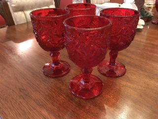 Ruby Red Wild Rose Water Goblets Set Of 4 By Wright Glass Lg,  Ht.  6 5/8 "
