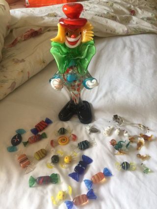 Vintage 60s/70s Murano Glass Clown Plus Mini Glass Animals And Confectionary