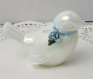 Fenton Glass White Iridescent Bird Figurine Paperweight Blue Rose Blue Ribbon