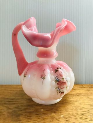 Fenton Art Glass Carnival Pink Ceramic Pitcher Vase Signed Hand Painted Roses