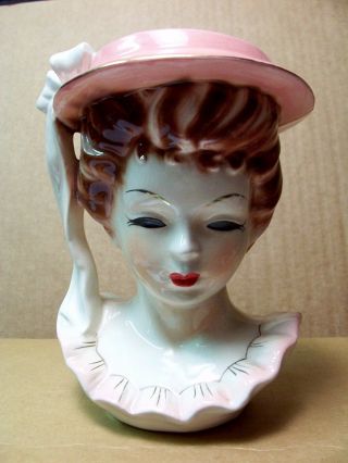 Vintage Head Vase - - Lady With Pink Hat And Ruffled Dress - - Japan - No Chips