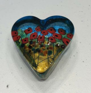 Robert Held Art Glass California Poppy Heart Paperweight Signed