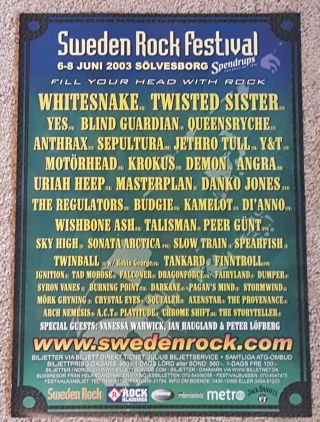 Sweden Rock Festival Poster June 2003 Whitesnake Twisted Sister Yes Queensryche
