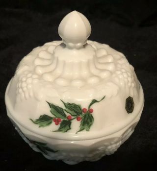 Westmoreland White Milk Glass Poinsettia Christmas Holly Covered Trinket Box