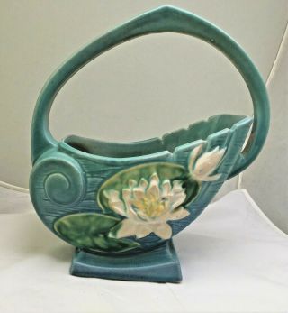 Large 10 " Roseville Ceil Blue Water Lily Basket Vase - 381 - 10 - Ca:1943 - Beauty