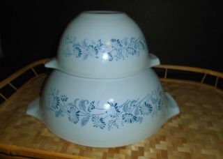 Vintage SET 2 PYREX COLONIAL MIST Blue Cinderella Nesting Mixing Bowls 441,  443 4