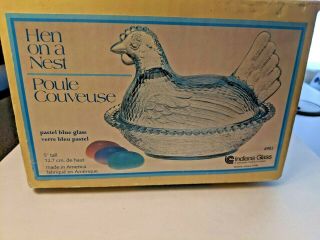 Rare Vintage Indiana Pastel Blue Glass Chicken Hen On Nest Dish W/ Box