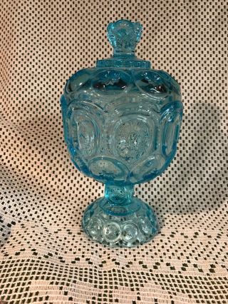 Vintage Le Smith Blue Glass Compote Candy Dish With Lid Moon And Stars