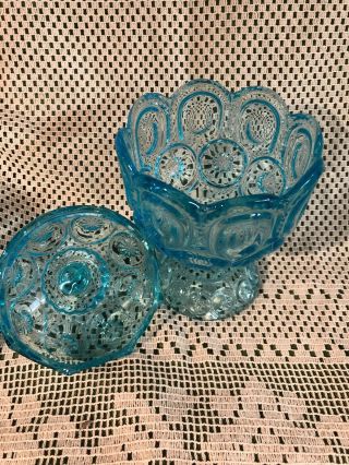 Vintage LE Smith Blue Glass Compote Candy Dish with Lid Moon and Stars 4