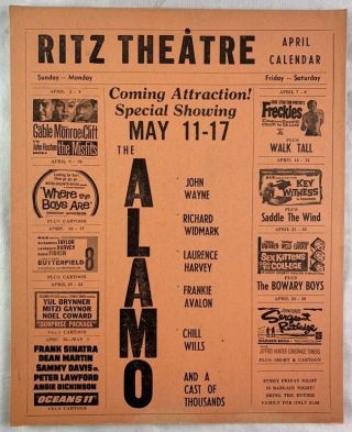 1960 - 1961 Movie Theatre Poster Flyer The Alamo John Wayne Talihina Ok