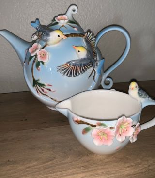 Pier1 Hand Painted Pitcher W/ Lid & Cup With Raised Birds & Flowers - Handpainted