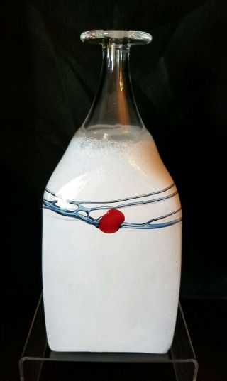 Vintage Magnor Art Glass Decanter Bottle - White With Blue Lines Red Dot - Signe