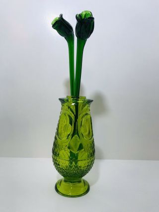 Vintage Viking Glass Green Owl Fairy Lamp Mid Century & 2 Glass Roses
