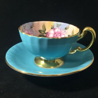 Aynsley Aqua Blue Tea Cup & Saucer Cabbage Pink Roses Footed Gold Trim