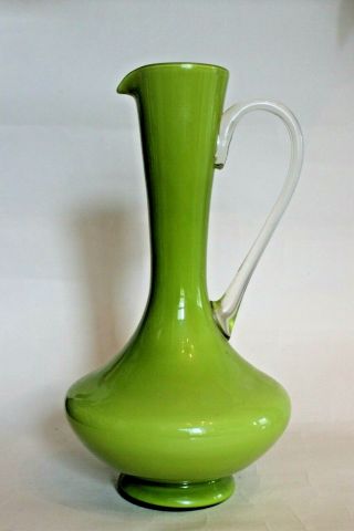 Large Retro Green Cased Glass Vase/ Jug,  Long Neck,  Large Base Hand Blown Empoi