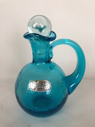 Vintage Bischoff Glass Mid Century Hand Blown Blue Decanter Jug Textured Covered