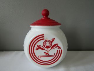 Vintage Anchor Hocking Vitrock Art Deco Red & White Circle Grease Jar W/lid