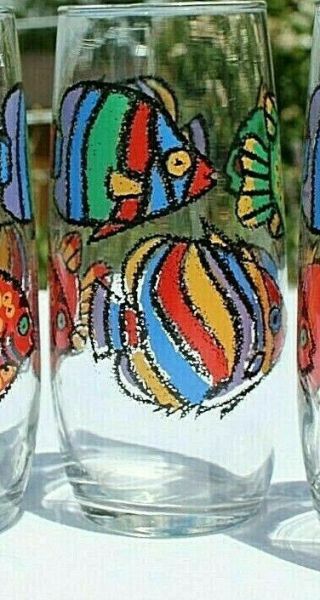 Vintage Libbey Colorful Fish Pattern 16 Oz Drinking Glasses Set Of 6