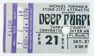 Deep Purple Ticket Stub February 21,  1976 Tarrant County Convention Center Arena