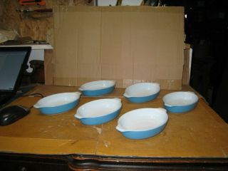 Set Of 6 Vintage Pyrex Horizon Blue Individual Casserole Dish 700 - 10 Oz Pixie