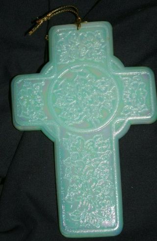 Rare Fenton Memories In Glass Green Milk Iridescent Cross Christmas Ornament