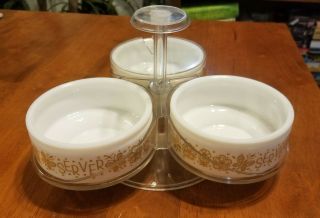 Vtg Corelle Butterfly Gold 3 Bowl Condiment Server Lazy Susan Stand Set Gemco