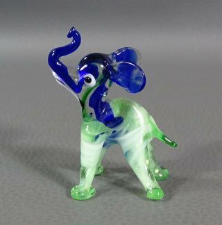 Vtg Italian Murano Cobalt Blue Green Milk Blown Glass Trunk Up Elephant Figurine