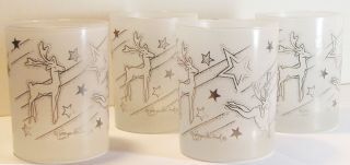 Georges Briard 4 Frosted Christmas Glasses Rare Mcm Reindeer & Stars Signed
