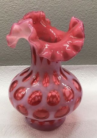 7 " Vintage Fenton Cranberry Opalescent Art Glass Vase Ruffled Vase Coin Dot
