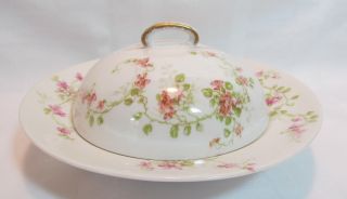 Old Abbey Limoges France Antique Round Covered Butter Dish W Insert Pink Floral