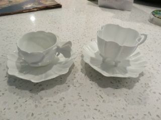 2 T & V Limoges France Porcelain Demitasse Cups & Saucers Butterfly Handle White