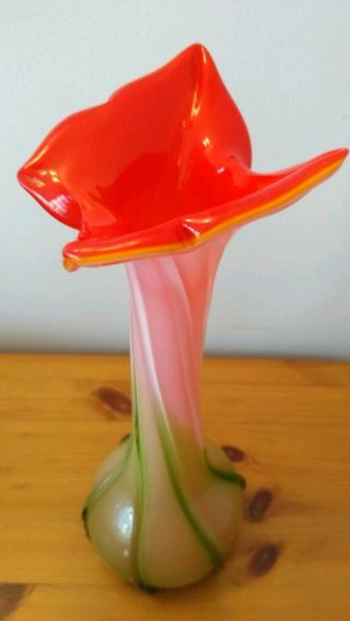 Vibrant Murano Art Glass Jack In The Pulpit Style 12 " Tall Orange And Green Vase