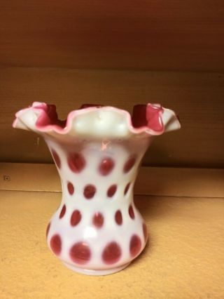 Vintage Fenton Coin Dot Thumbprint Cranberry Glass 6 " Vase With Ruffled Edge