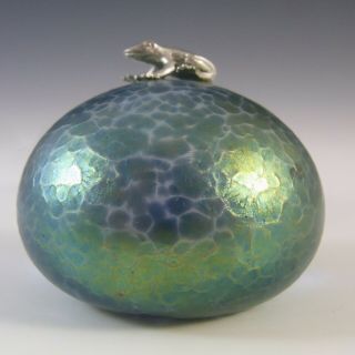 Heron Glass Blue Iridescent Pebble Paperweight & Frog Sculpture