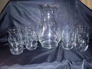 Princess House Heritage 75 Oz Cat Tail Beverage Pitcher Crystal 459 & 8 Glasses